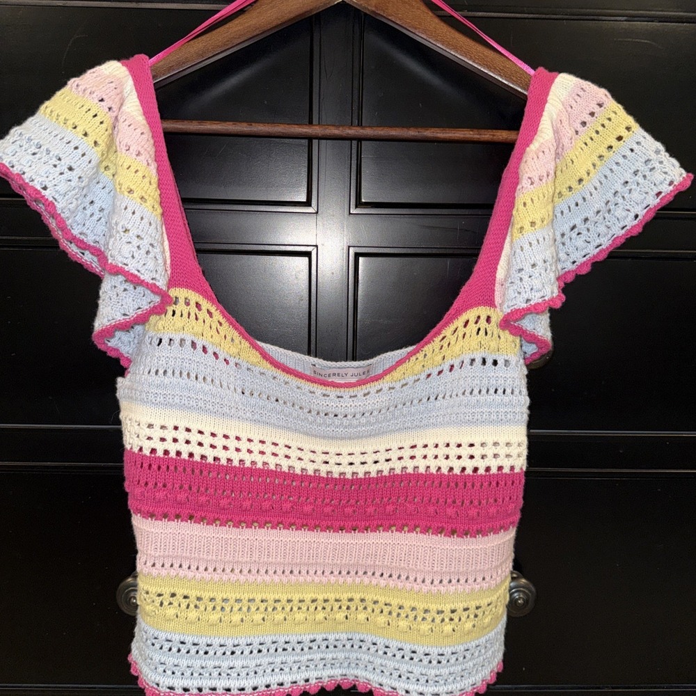 Sincerely Jules Multi Color Striped Open Knit Crop Top Sz M Boho Festival